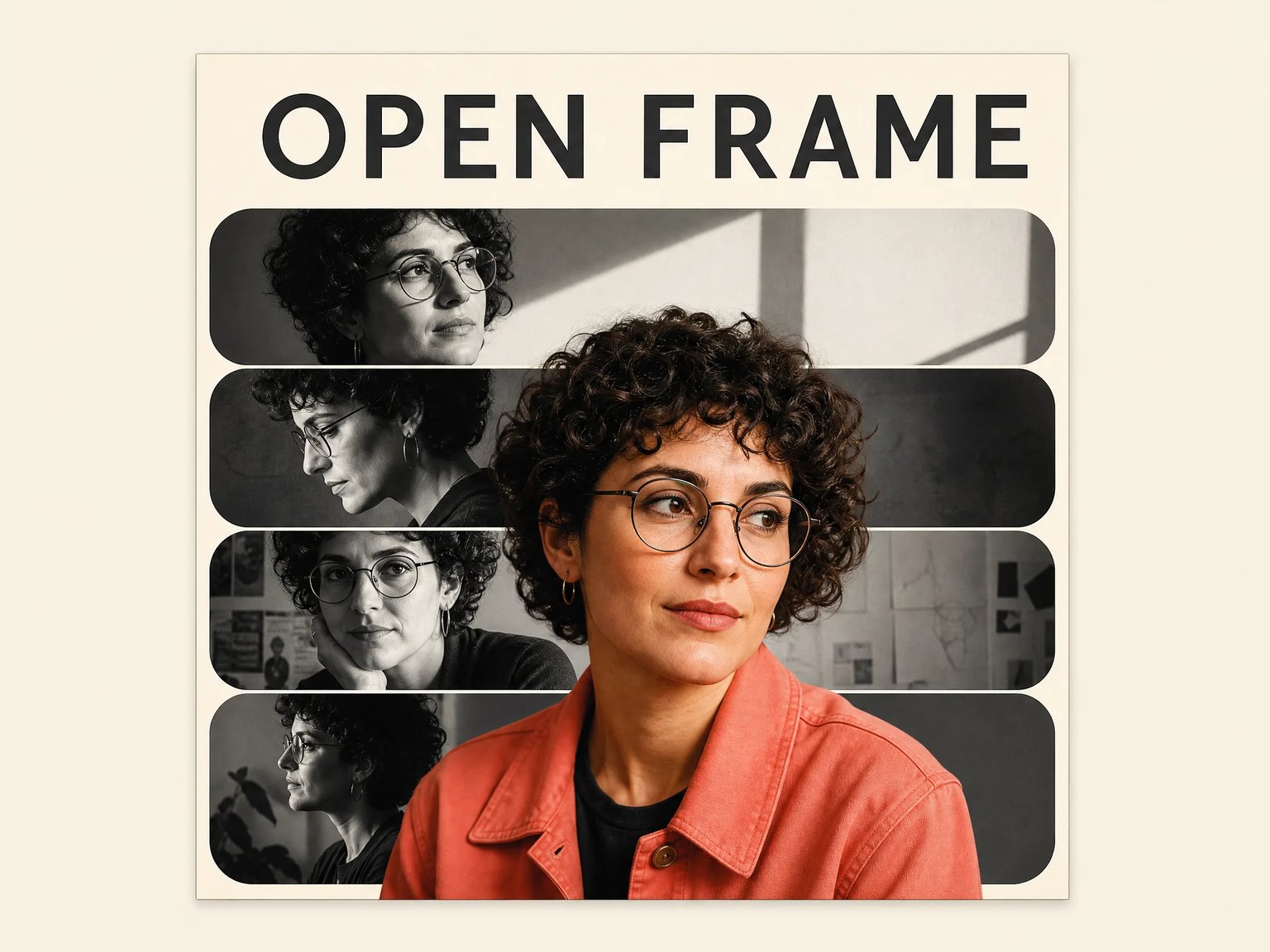 OPEN FRAME cover concept with a fictional curly-haired woman in a coral jacket over four monochrome portrait panels.
