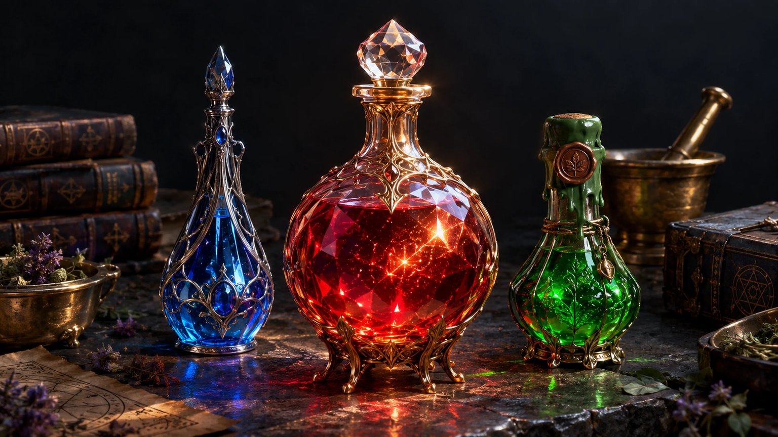 AI potion generator showing masterwork 4K fantasy potion bottles with glowing liquid and translucent glass refractions