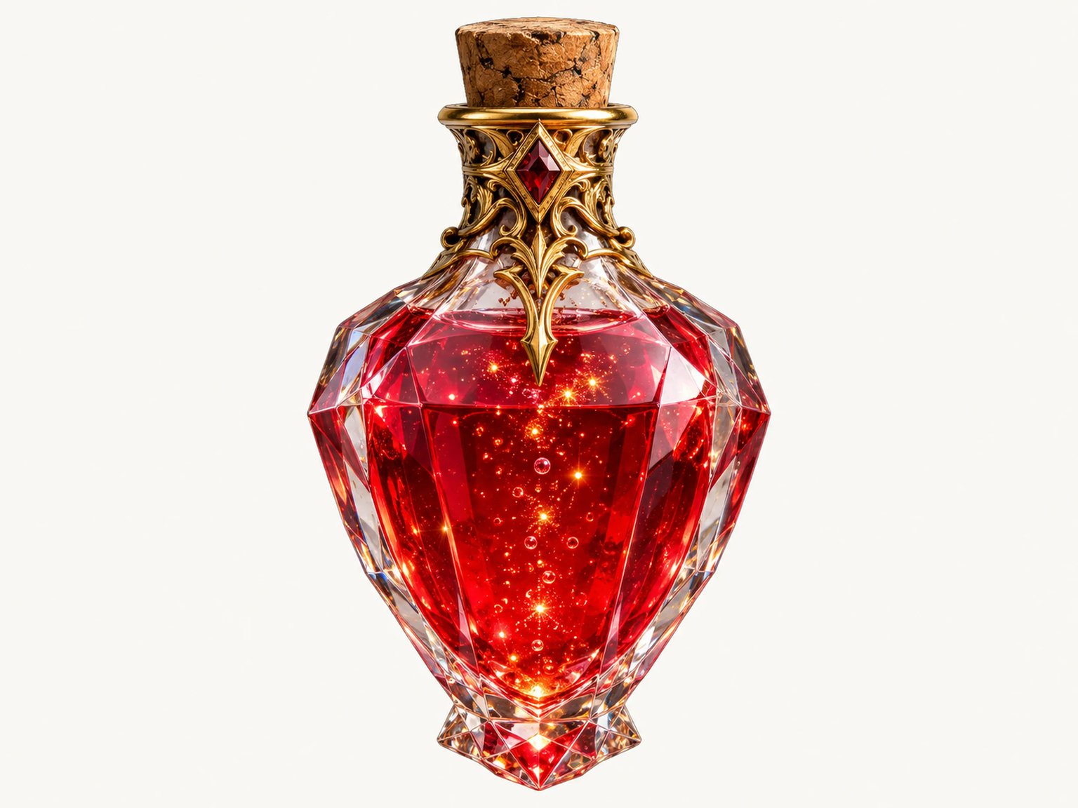 Supreme Divine Healing Potion prop display with ruby red liquid and gold filigree on clean off-white background