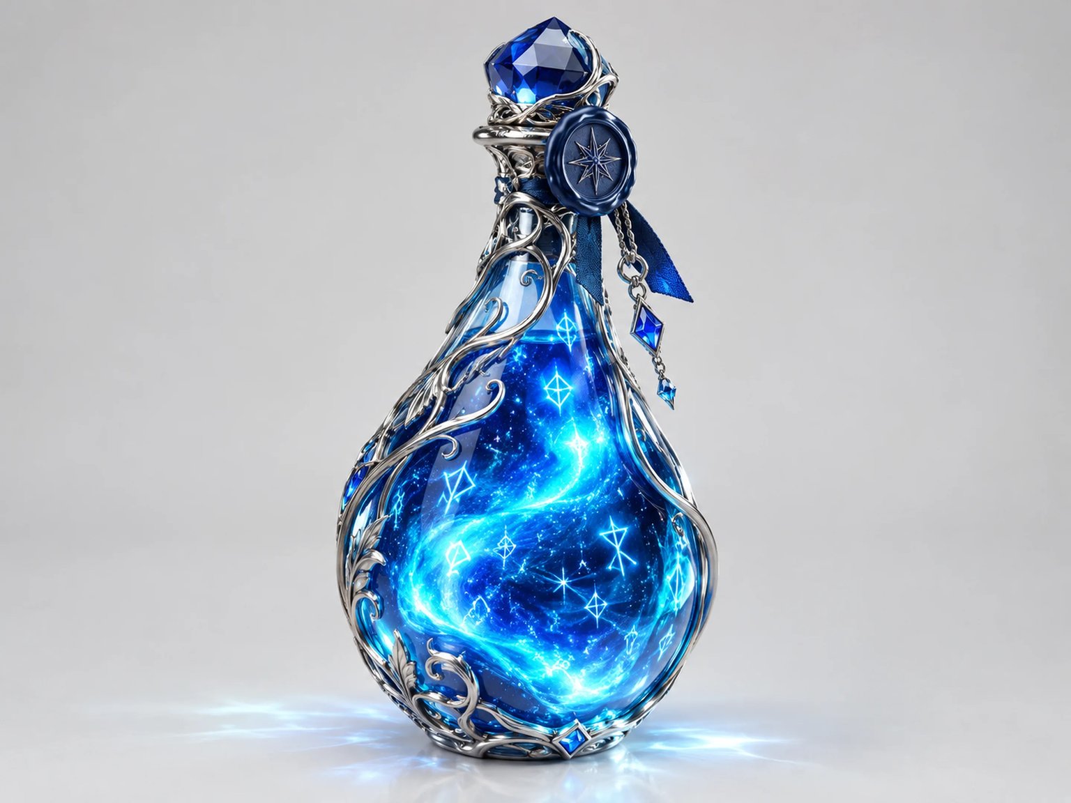 Celestial Arcane Mana Draught with swirling sapphire nebula fluid and silver cage on neutral background