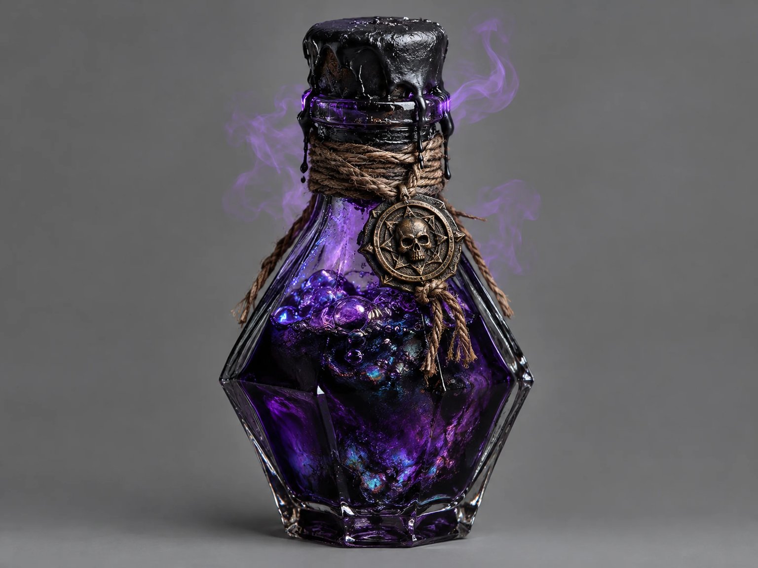 Nightshade venom flask with viscous iridescent purple liquid and embossed skull seal on dark background