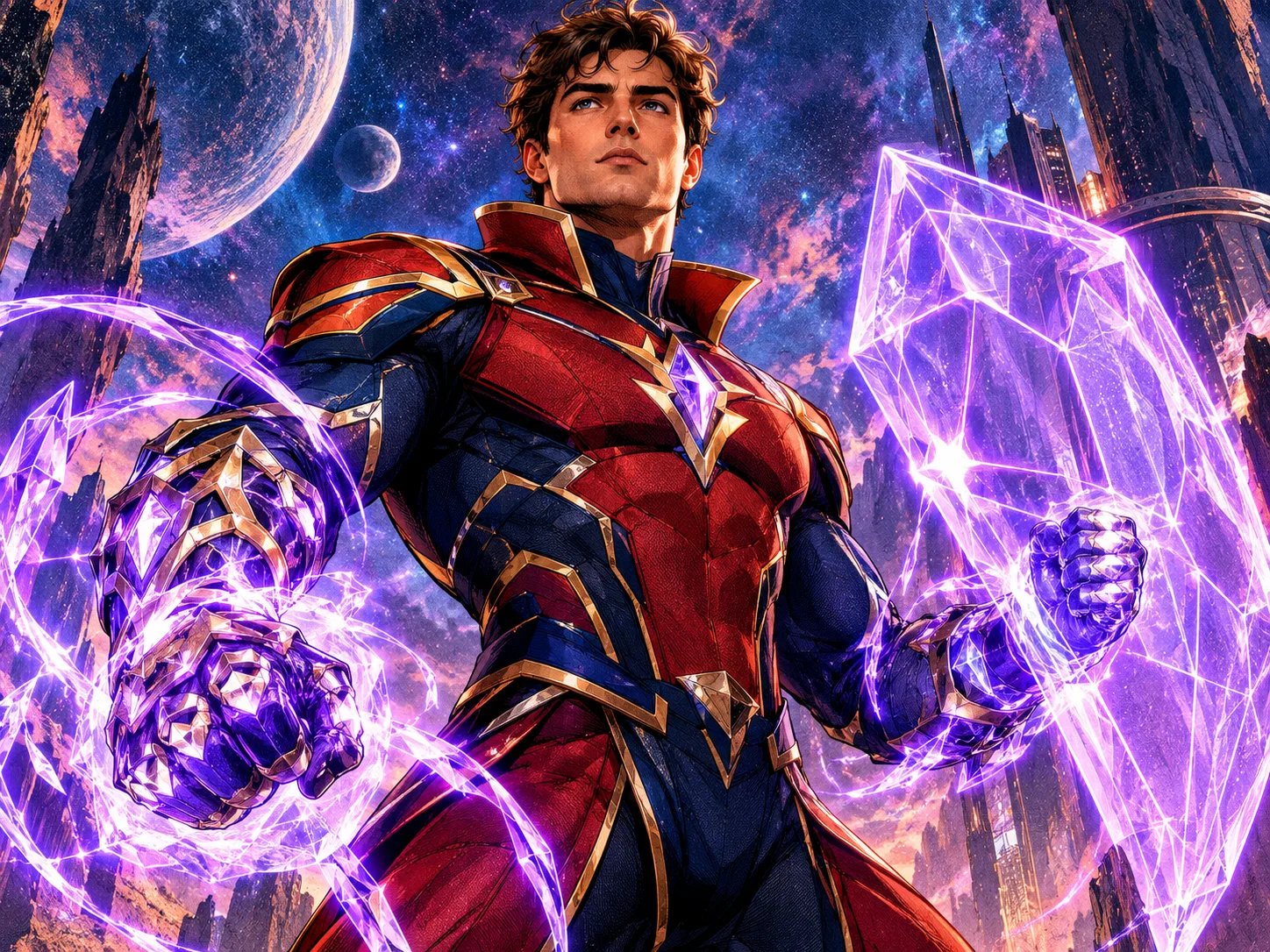 Original female cosmic superhero channeling crackling violet psionic electricity into an energy construct shield on clean studio background