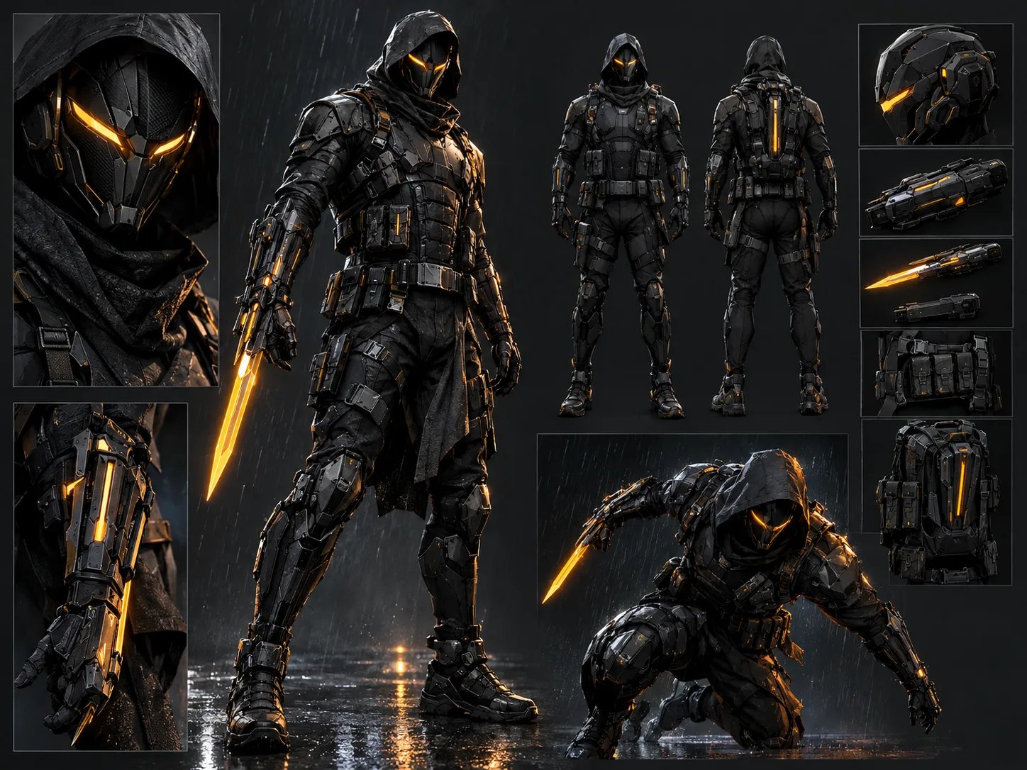 Original cybernetic vigilante in matte black ballistic armor with glowing amber optics and energy blade