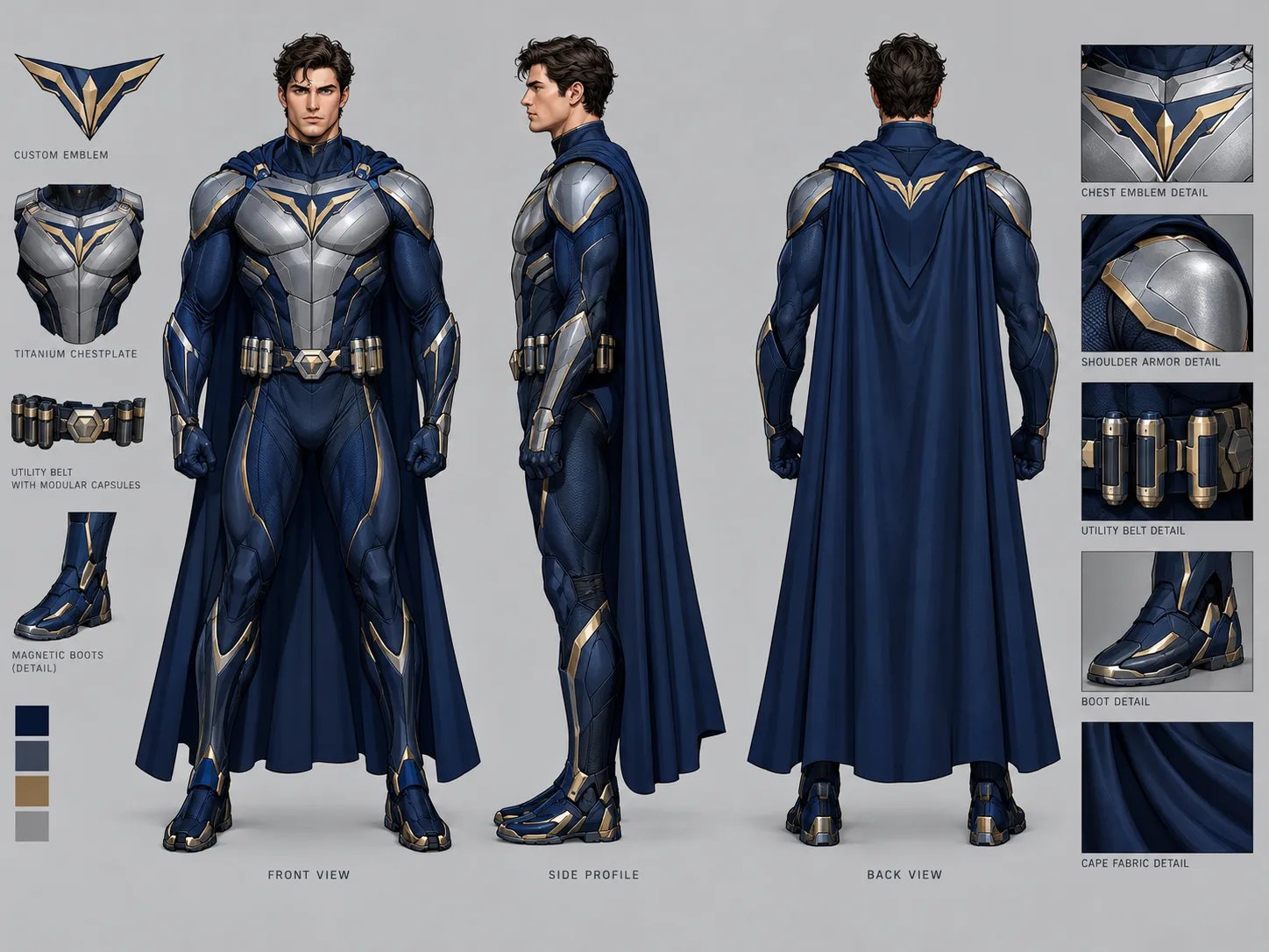 Superhero character turnaround sheet showing front, side profile, and back views with consistent suit details