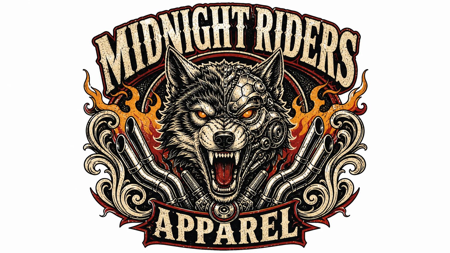 Bold vintage distressed screen-printed t-shirt graphic of a mechanical cyber wolf with orange flames and arched typography on clean white canvas