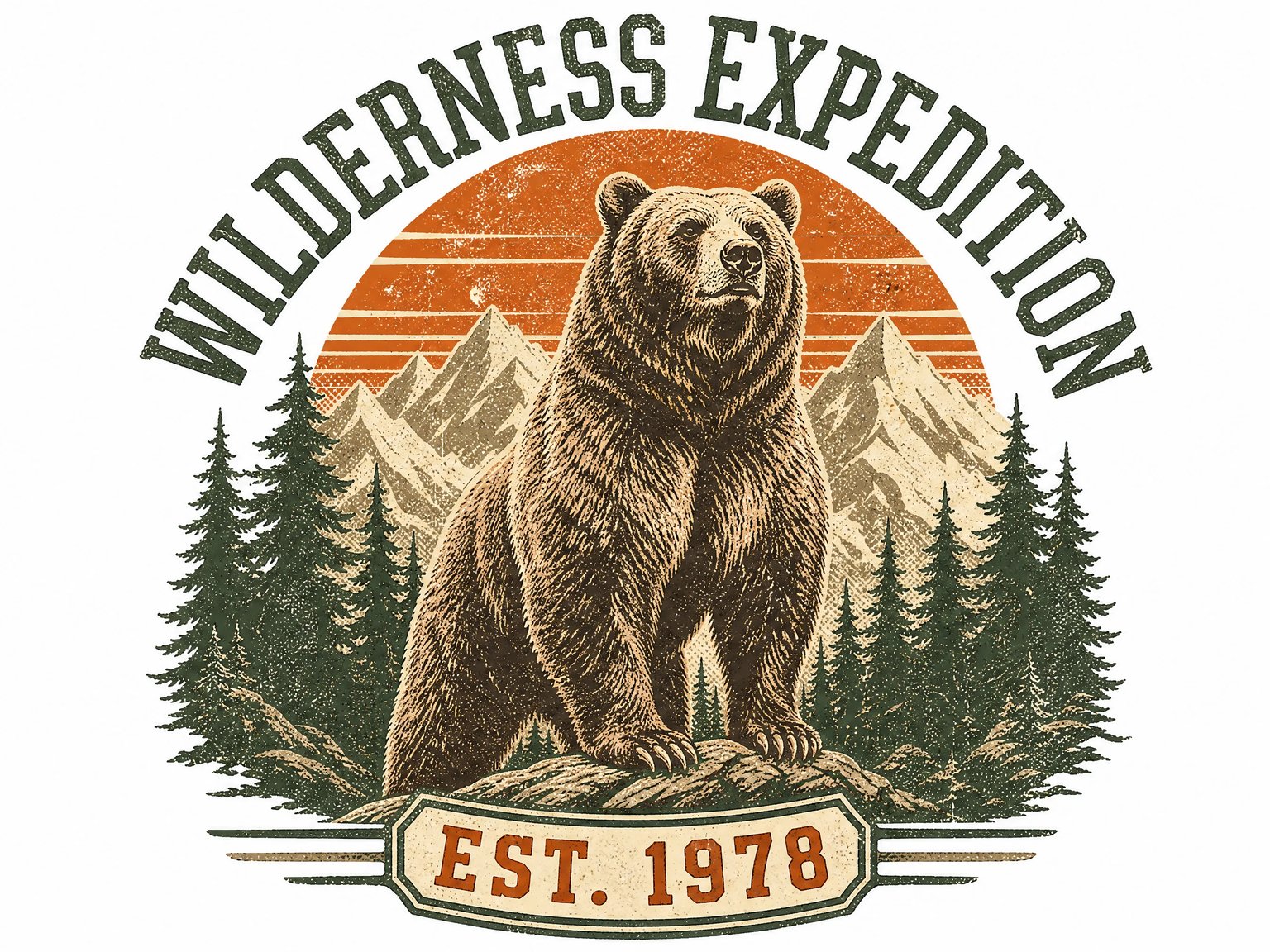 Vintage distressed American outdoor adventure t-shirt design featuring a grizzly bear and retro sunset silhouette