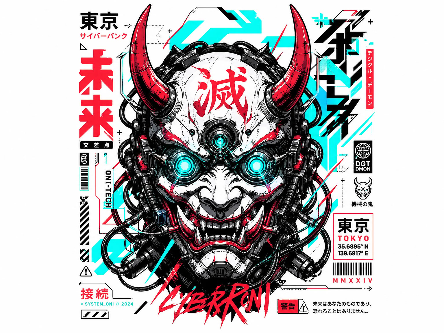 Cyberpunk oni demon mask t-shirt graphic with neon cyan lenses and bold streetwear contour lines
