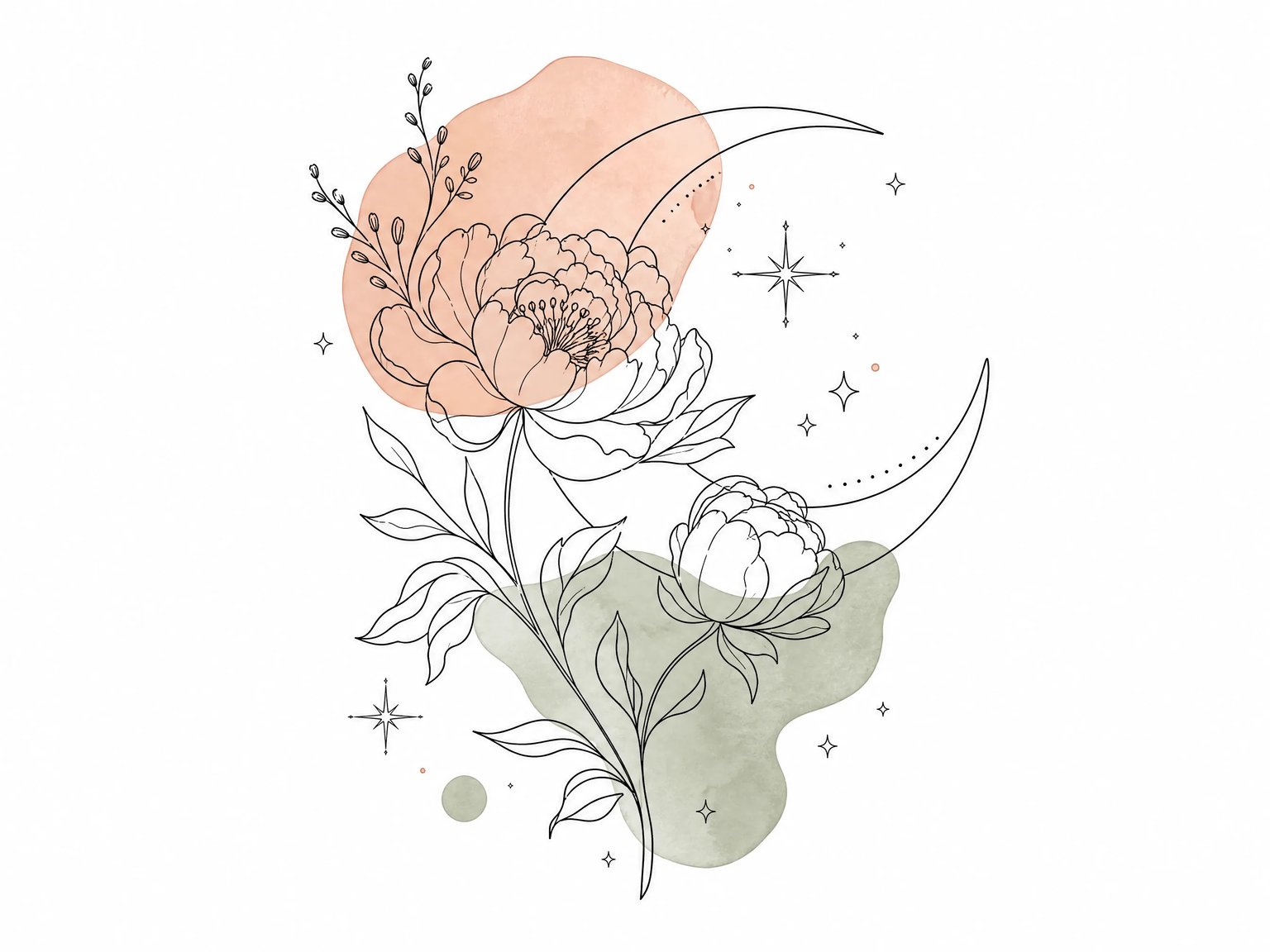Minimalist continuous line art t-shirt design of a crescent moon and peony flowers with warm terracotta accents