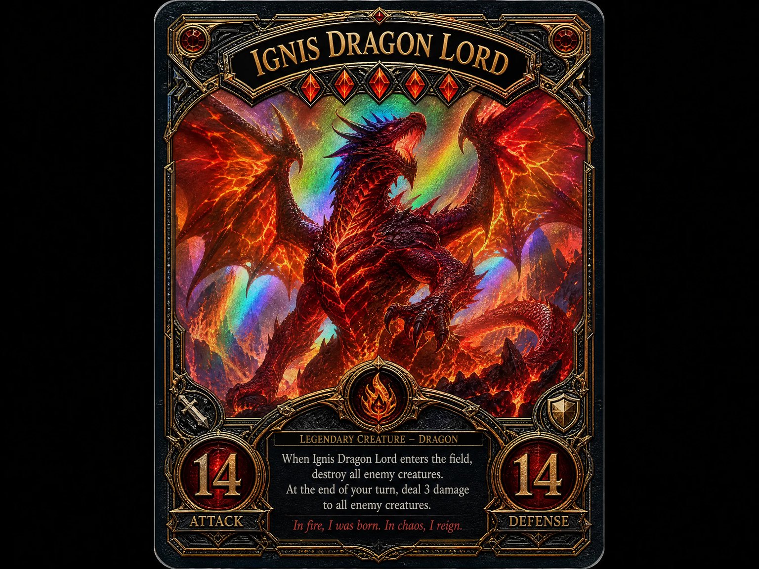 Mythic volcanic dragon trading card with fiery magma borders, gold filigree, and rainbow holographic finish