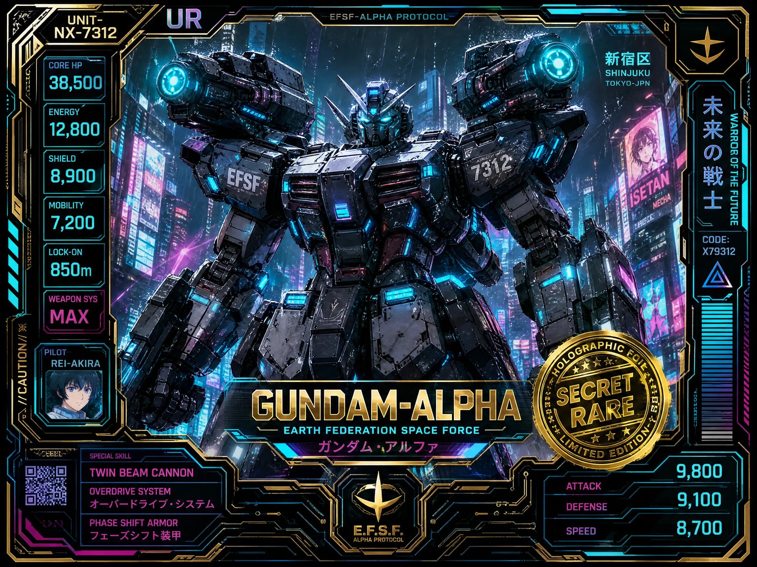 Cyberpunk combat mecha trading card with neon cyan armor plating and laser circuitry framing