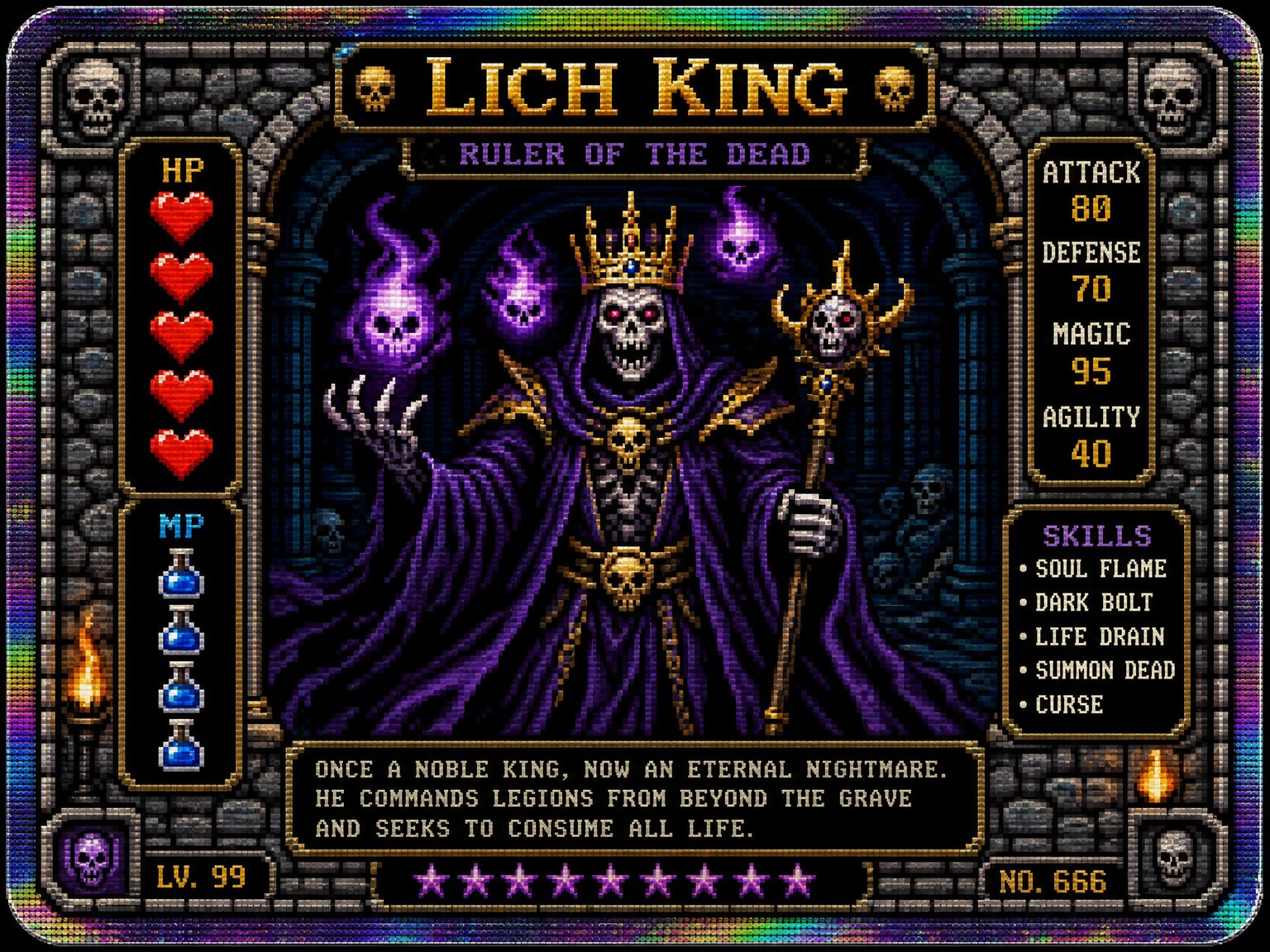 Retro 16-bit pixel art dungeon crawler card featuring a menacing lich king with purple soul flames