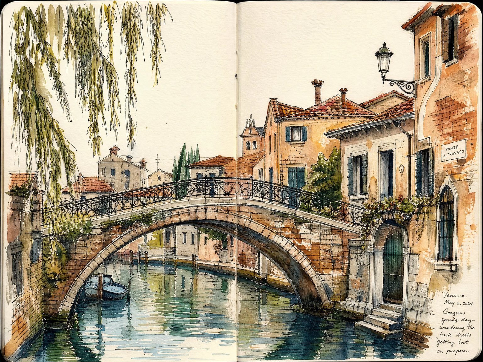 Vintage European urban sketch in ink-and-wash watercolor featuring a stone arch canal bridge and terracotta buildings