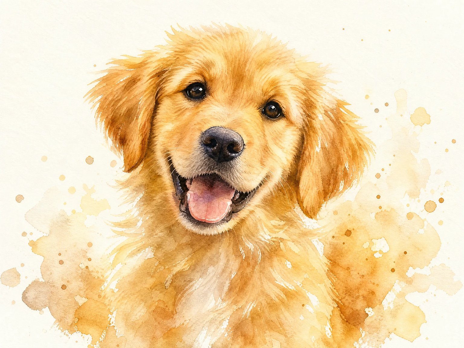 Custom watercolor pet portrait of a joyful golden retriever puppy with loose fur texture and luminous eyes