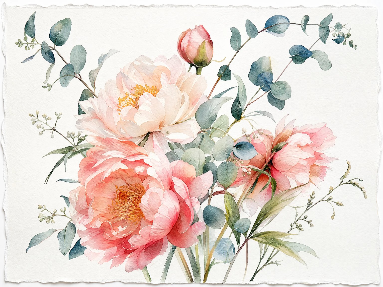 Delicate botanical watercolor illustration of blooming peonies and eucalyptus with transparent petal glazing