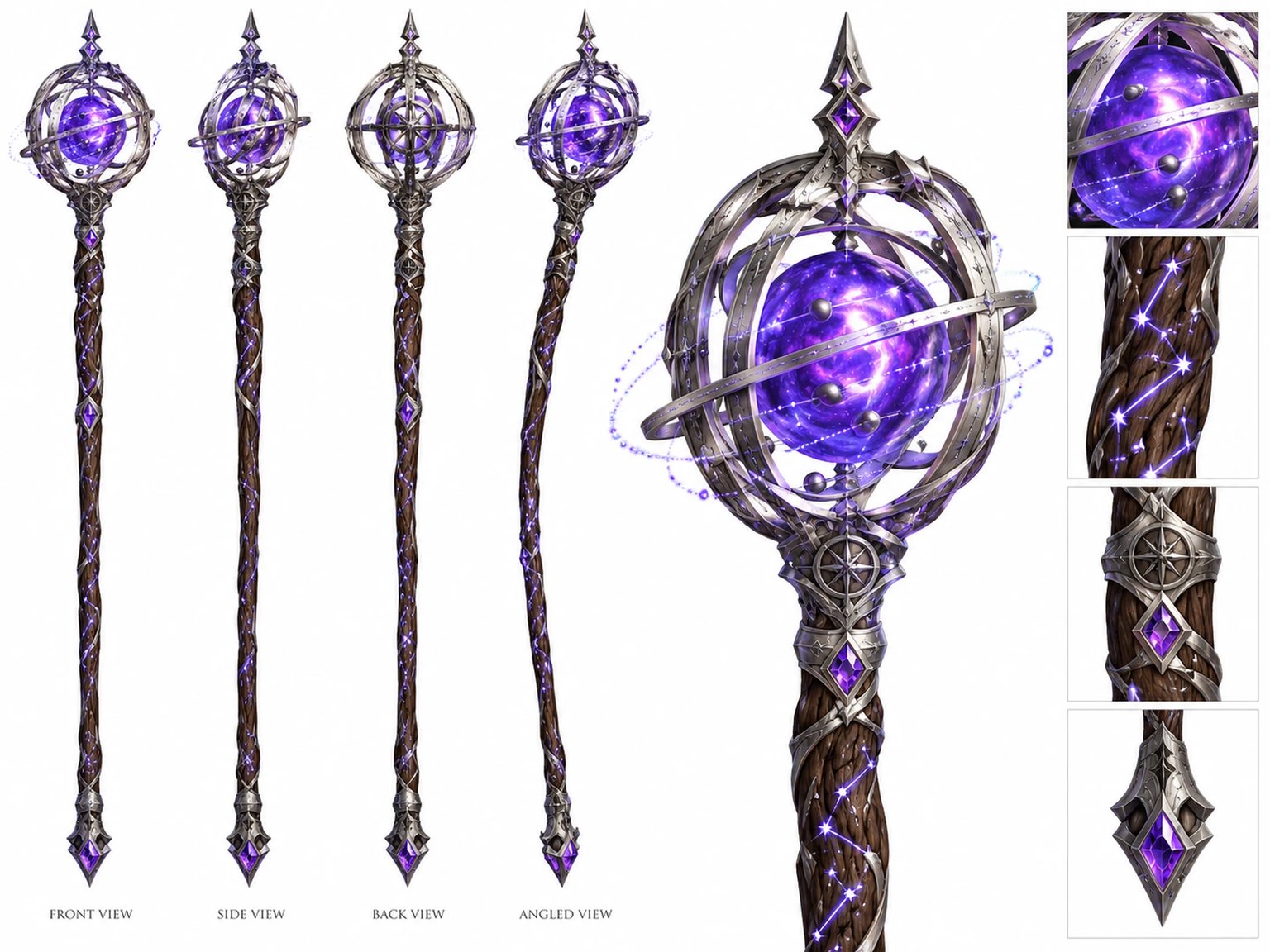 Arcane archmage staff with a floating violet crystal orb and openwork silver armillary headpiece on isolated white background