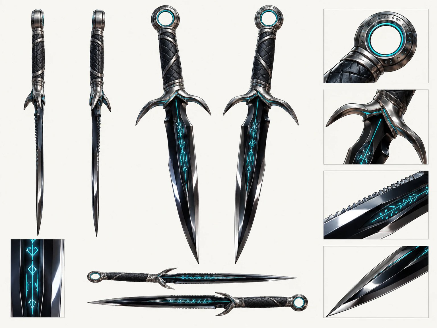 Twin assassin daggers with obsidian blades and glowing cyan runic blood grooves on a clean background