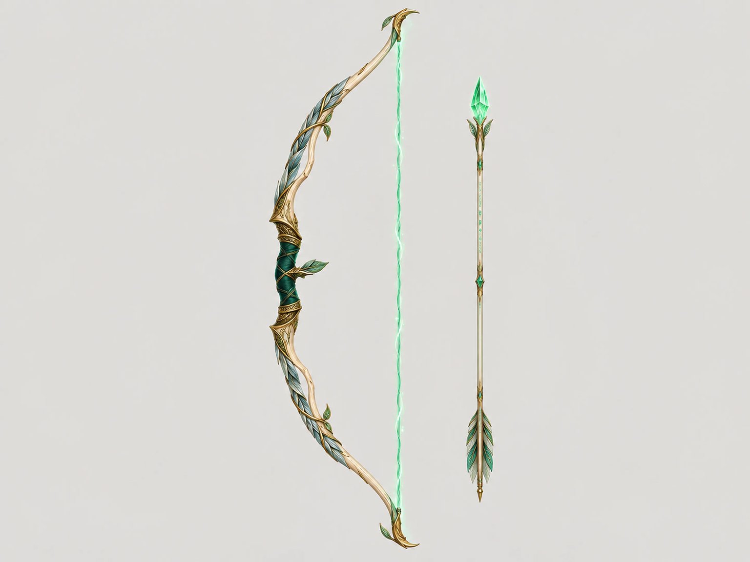 Mastercrafted elven recurve bow forged from living pale starwood and luminous emerald energy bowstring