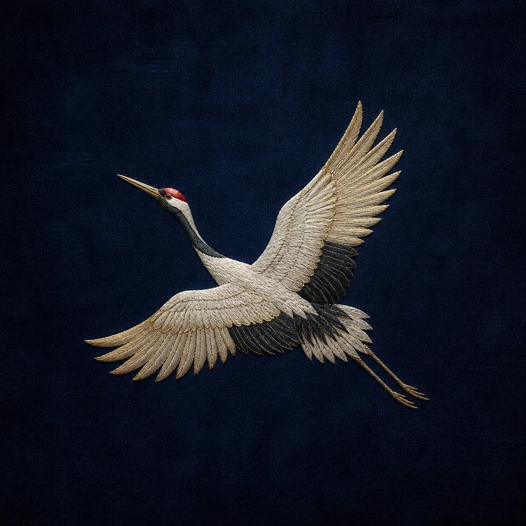 AI-generated hand-embroidered silk crane album cover on deep indigo