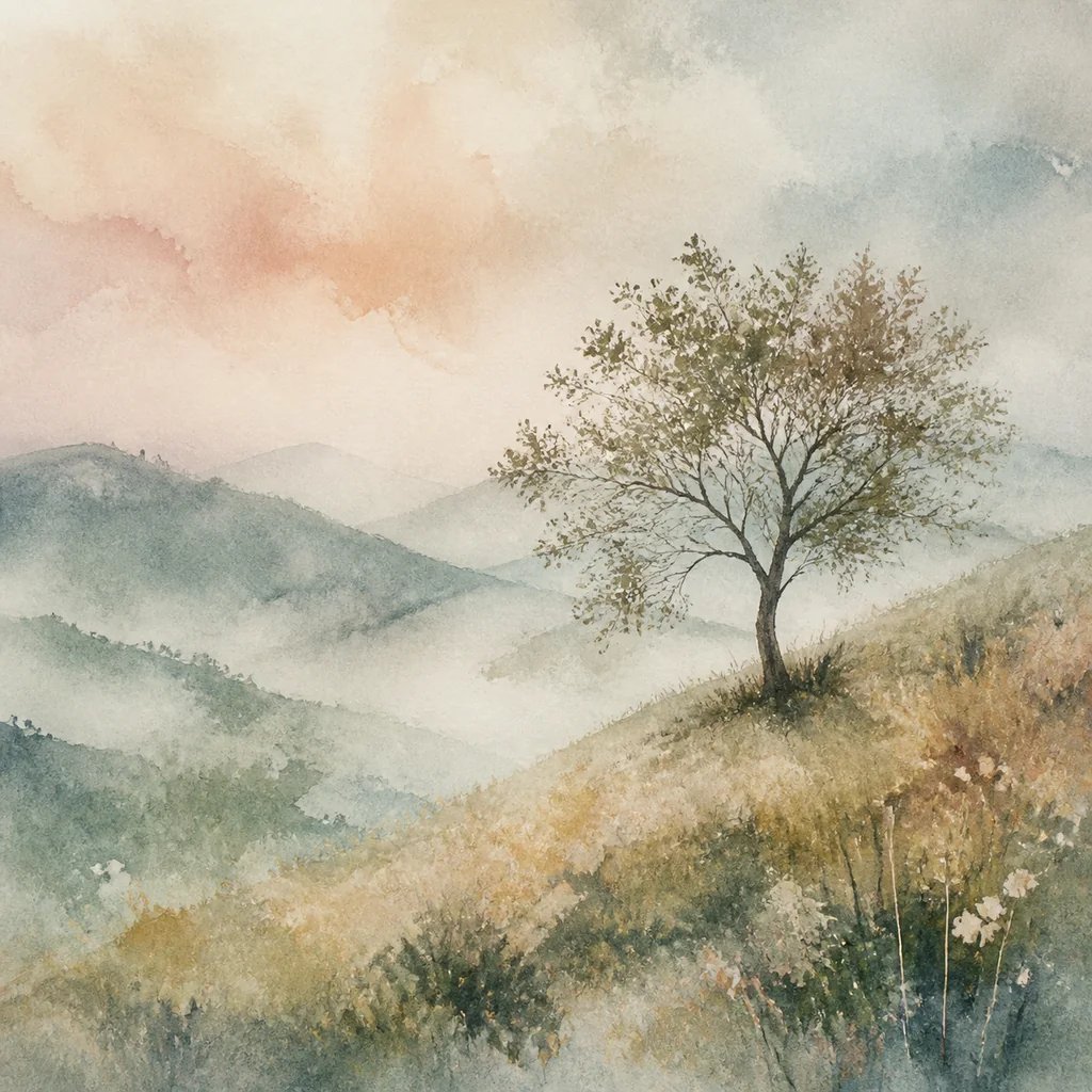 AI-generated dreamy indie folk album cover with soft watercolor hills
