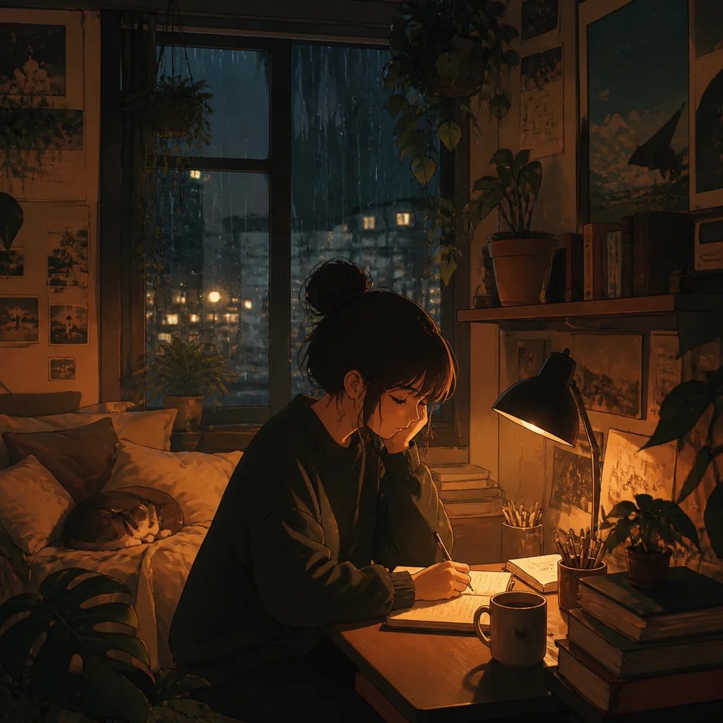 AI-generated cozy lo-fi album cover of a warm bedroom at night with rain on the window