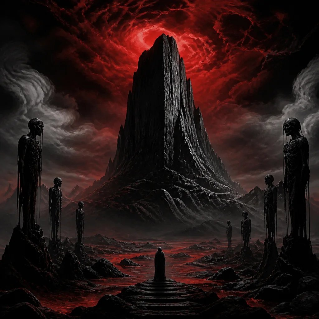 AI-generated dark moody metal album cover with a mountain monolith under storm clouds