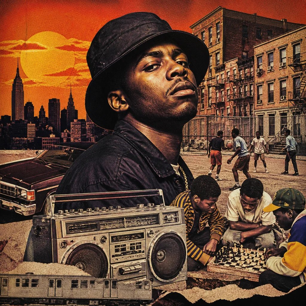 AI-generated retro 1990s hip-hop album cover collage in warm sunset tones