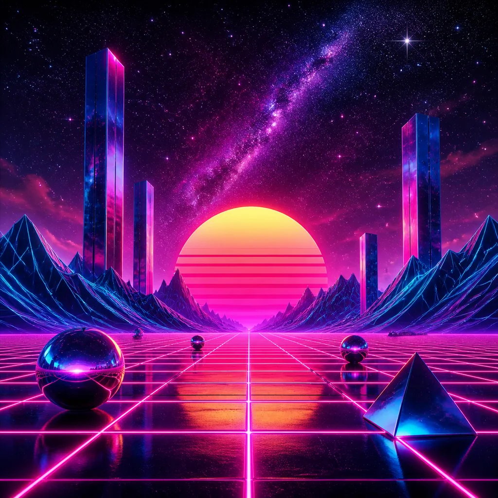 AI-generated synthwave neon grid album cover art in magenta and cyan