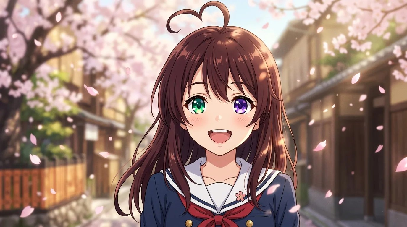 Cheerful anime schoolgirl avatar with ahoge and heterochromia eyes in Kyoto Animation aesthetic