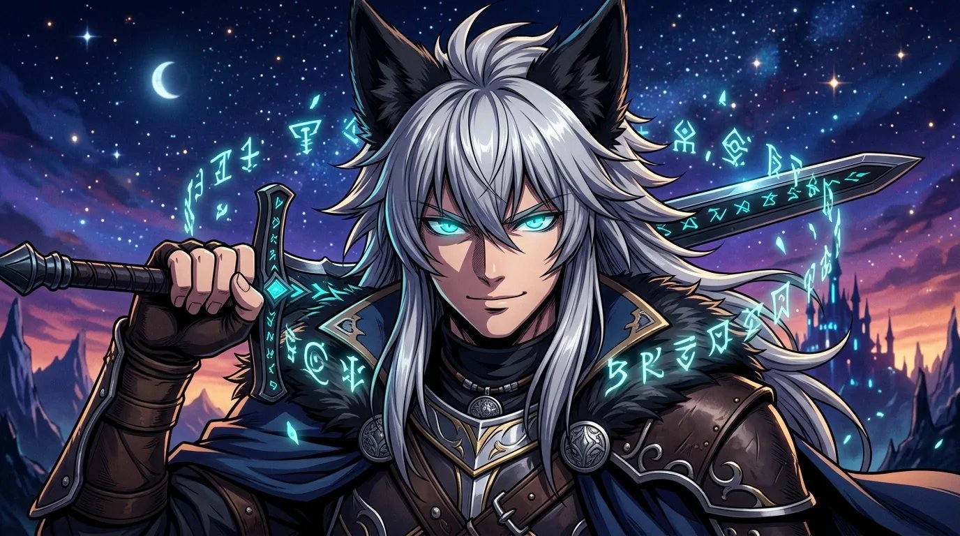 Silver-haired fantasy warrior anime avatar with kemonomimi wolf ears and glowing cyan magic runes