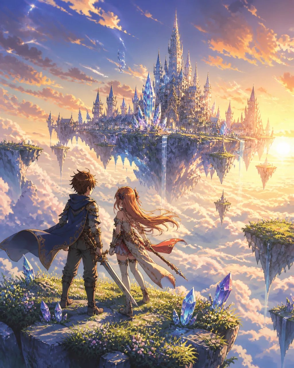Anime fantasy scene with a floating castle, generated by the tool from a text prompt