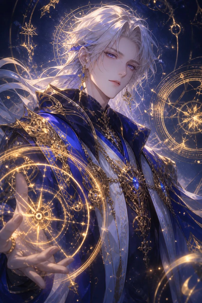 Detailed original silver-haired anime mage character generated from a text prompt