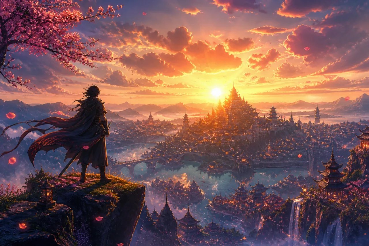 A silhouetted anime character on a cliff above a fantasy sunset landscape