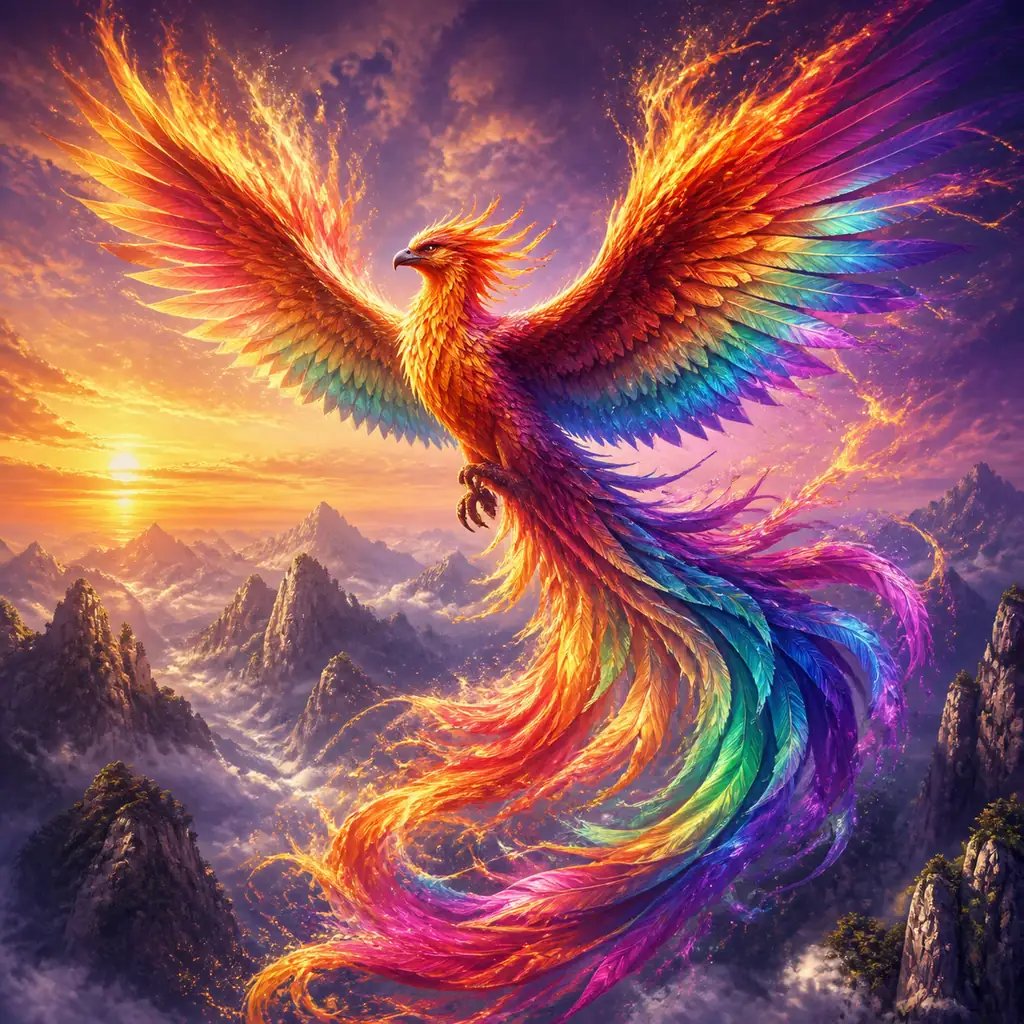 A vibrant rainbow phoenix fantasy painting, AI-generated from a text prompt