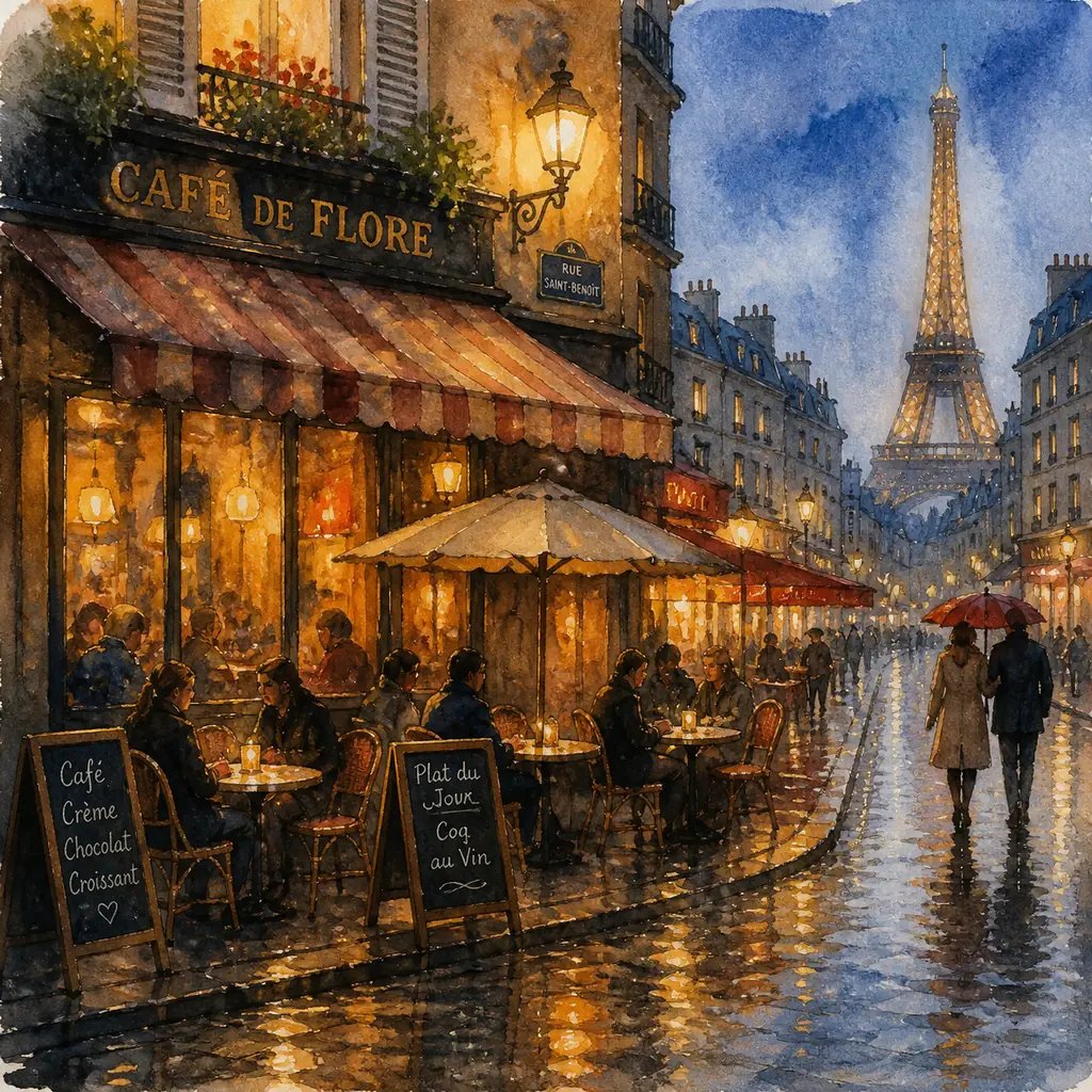 Watercolor painting of a rainy Paris café, AI-generated from a text prompt