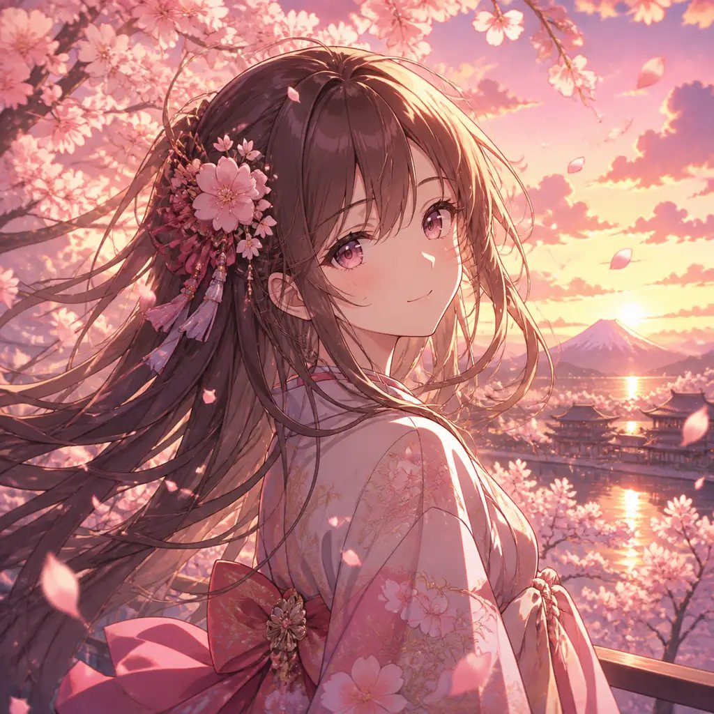 Anime illustration of a girl under cherry blossoms, AI-generated from a text prompt