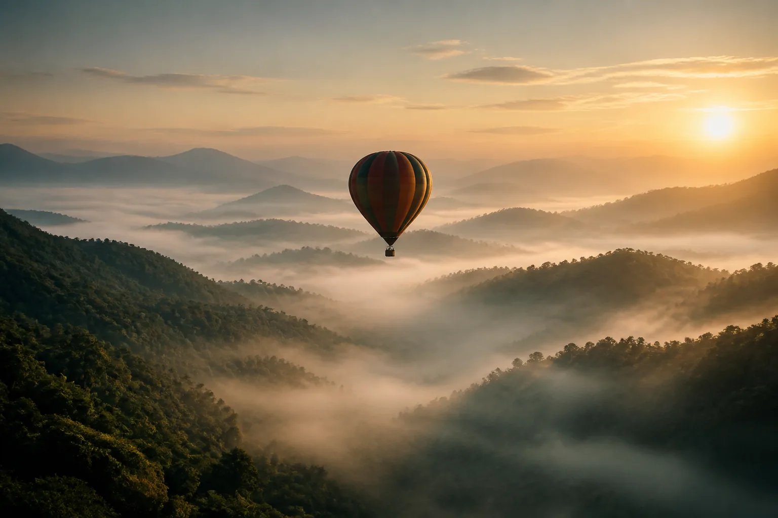 A hot air balloon rising over a misty green mountain valley at sunrise
