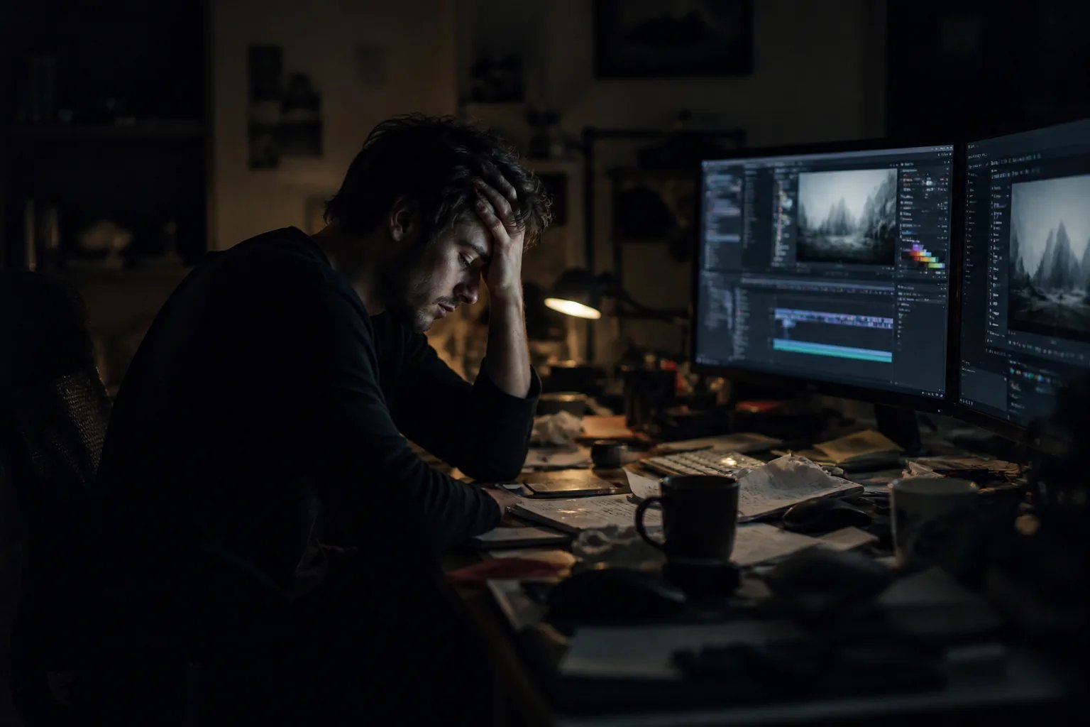 A lone video creator overwhelmed at a cluttered desk late at night, lit by editing software on dual monitors