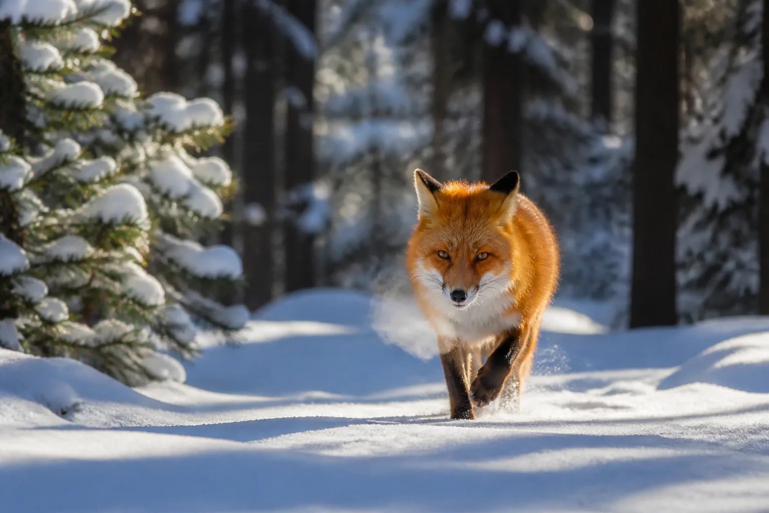 A red fox trotting through fresh snow in a sunlit pine forest