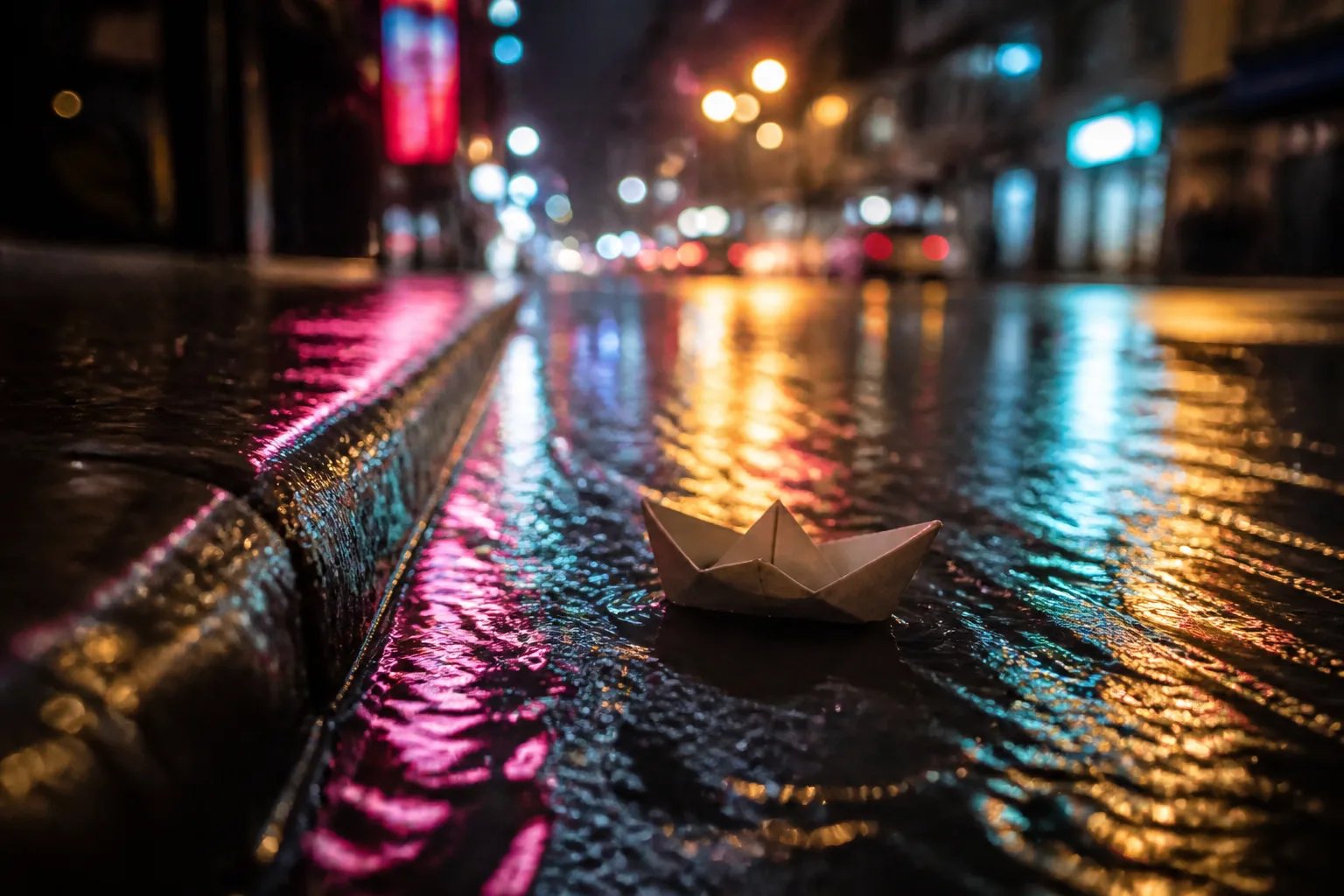 A paper boat drifting down a neon-lit rain-soaked city street at night