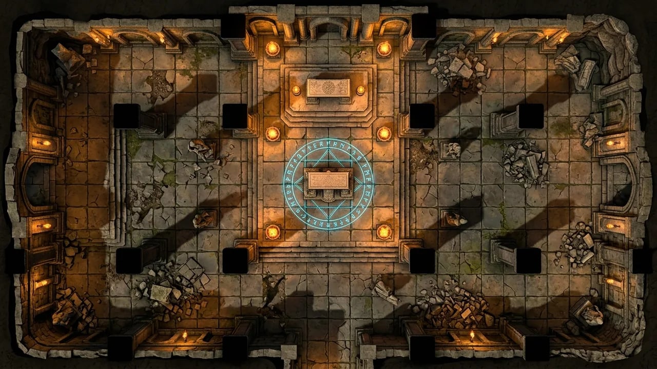 90 degree orthographic top-down tactical battle map of an ancient underground cathedral crypt with glowing runes