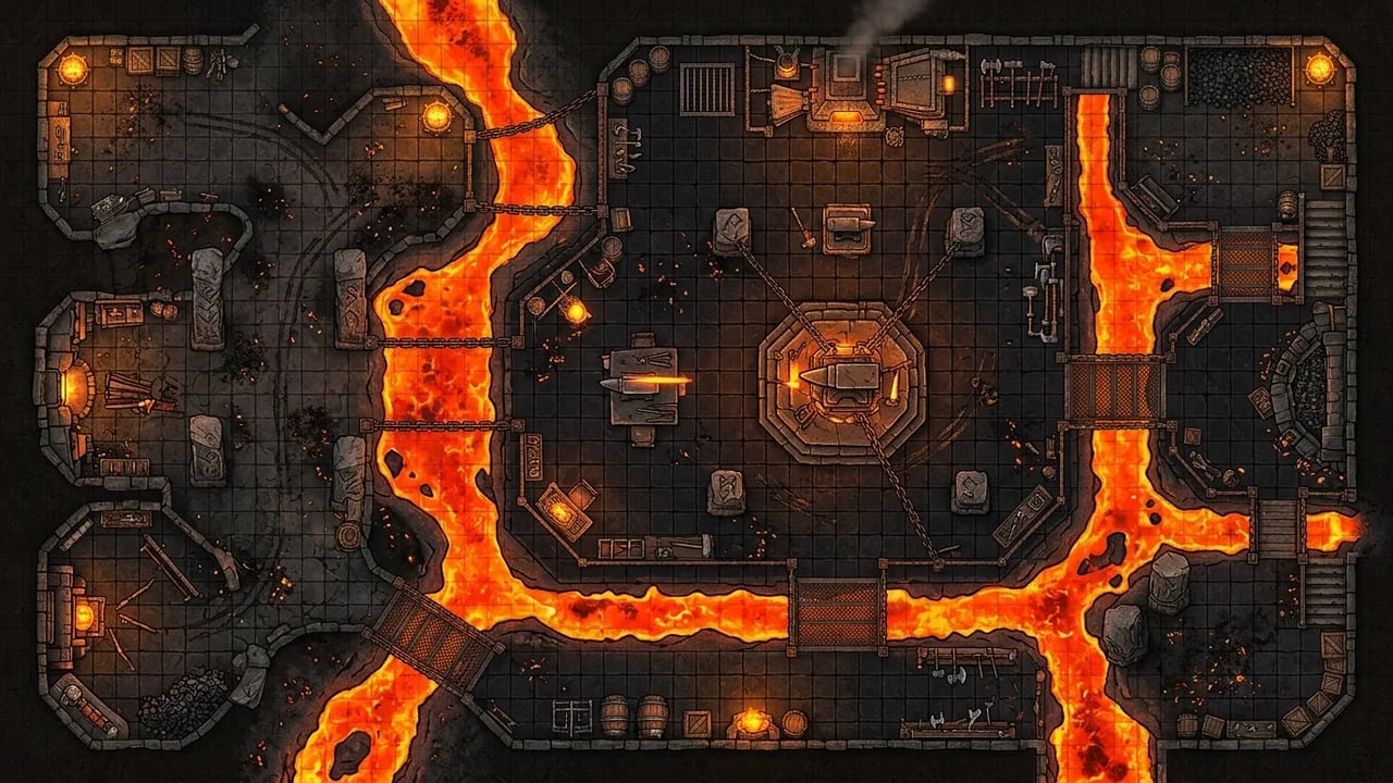 Top-down tactical battle map of a volcanic dwarven magma forge with molten lava rivers and obsidian platforms
