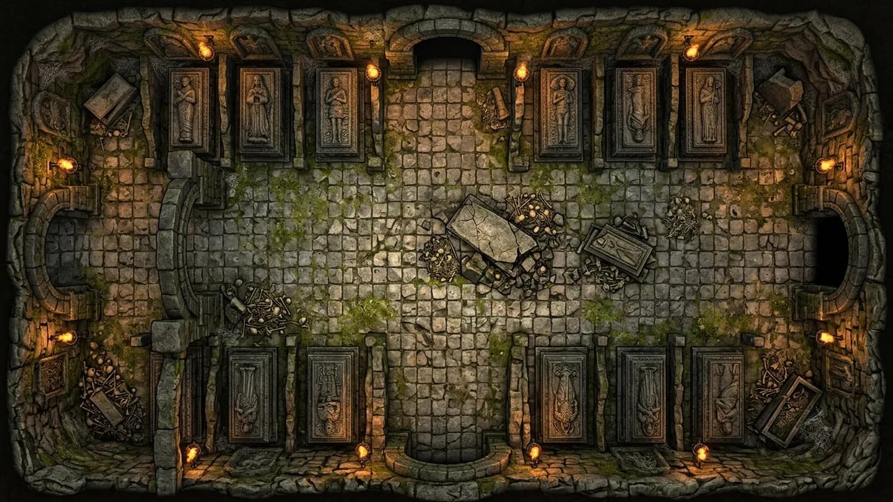 Top-down fantasy stone tomb and crypt hall battle map with stone sarcophagi and arched doorways