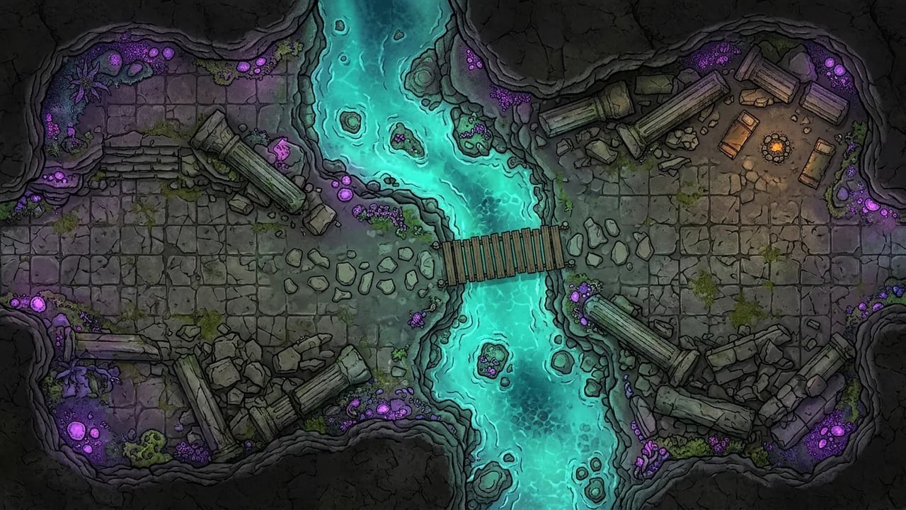 Pure top-down 2D gridless battle map of an underground river crossing with bioluminescent flora and wooden bridge