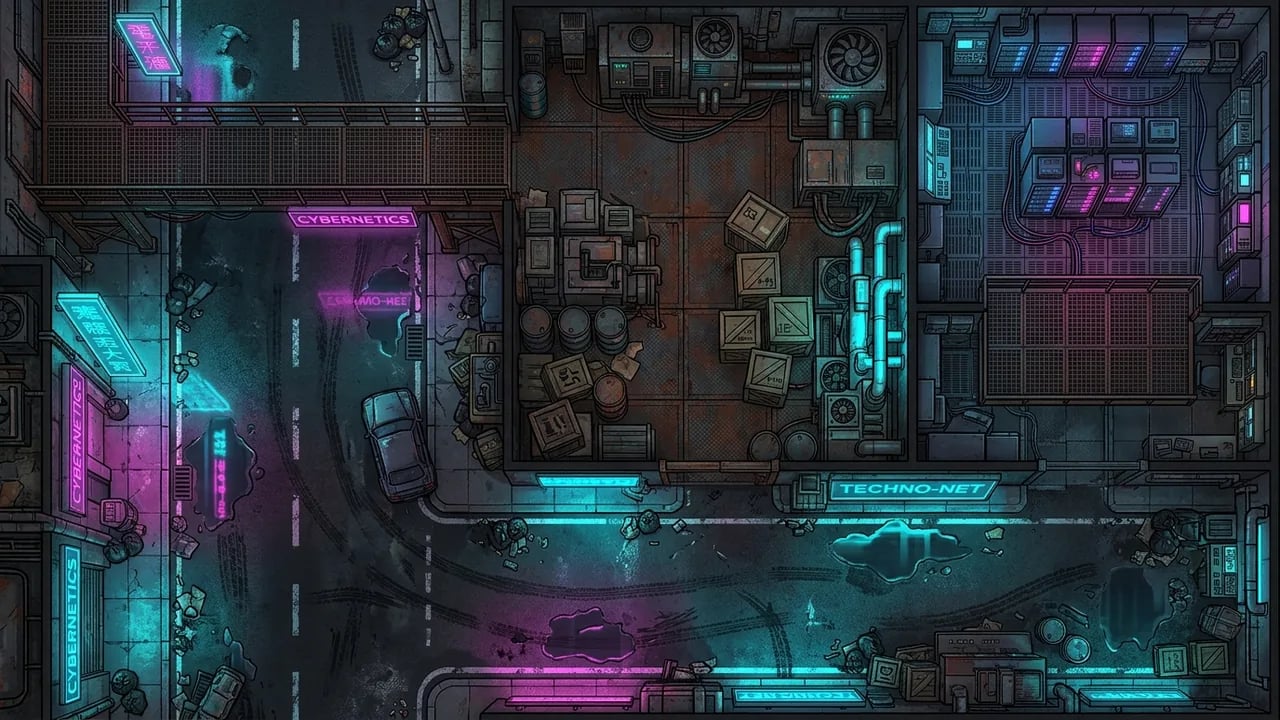 Top-down cyberpunk industrial alley tactical battle map with neon reflections, catwalks, and tech clutter