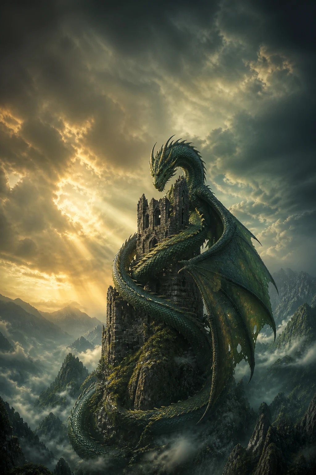 AI-generated epic fantasy book cover of a dragon coiled around a ruined tower in the mist