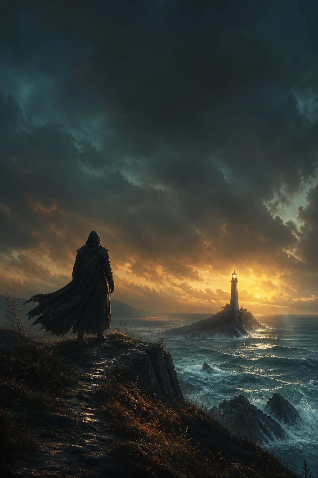 AI-generated fantasy book cover of a hooded figure on a cliff above a stormy sea and a distant lighthouse at dusk