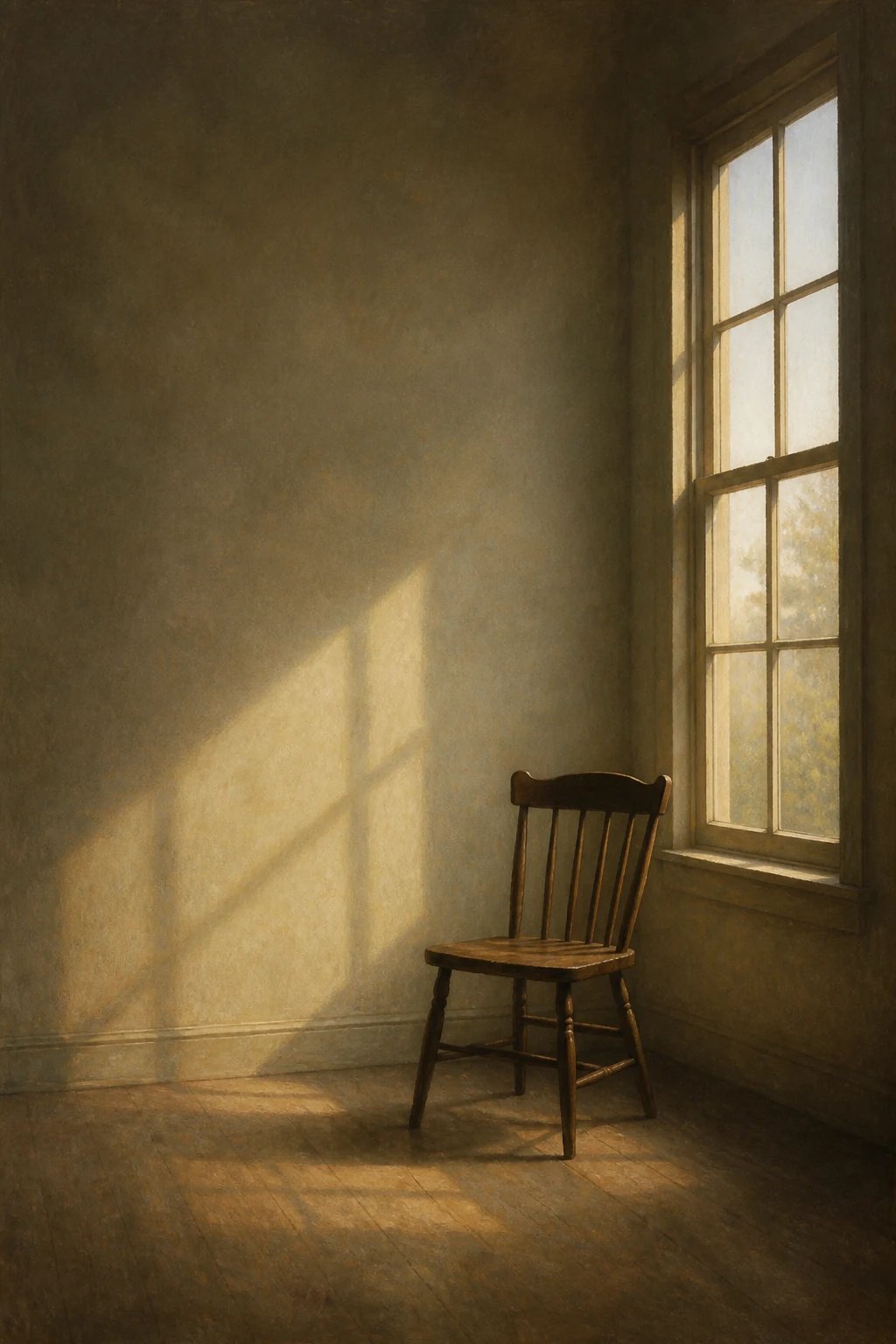 AI-generated literary fiction book cover of a lone wooden chair beside a sunlit window