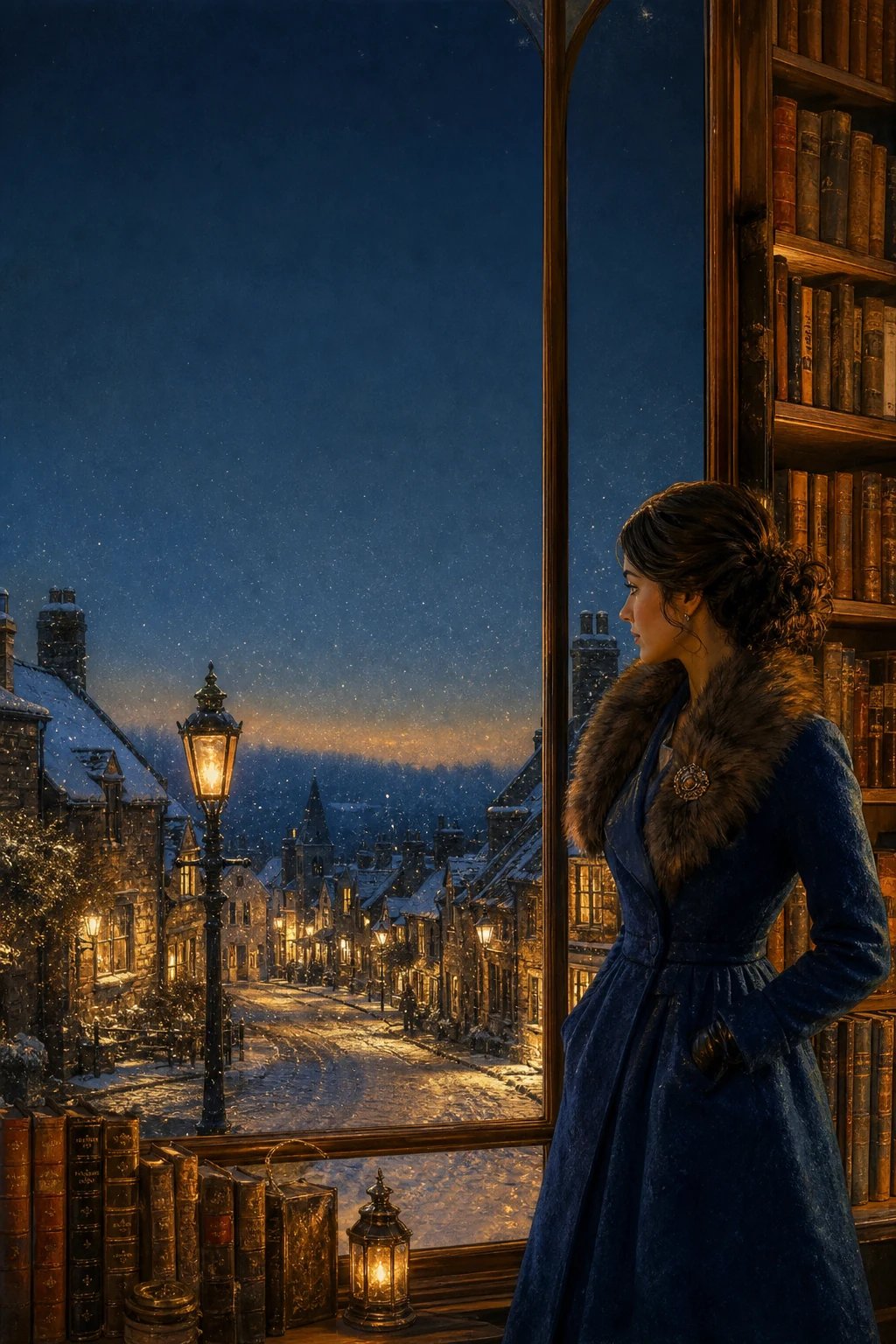 AI-generated cozy mystery book cover of a sleuth looking out from a snowy bookshop window at night