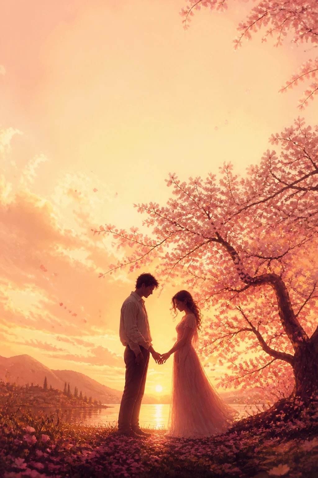 AI-generated romance book cover of two figures under a blossoming cherry tree at golden hour