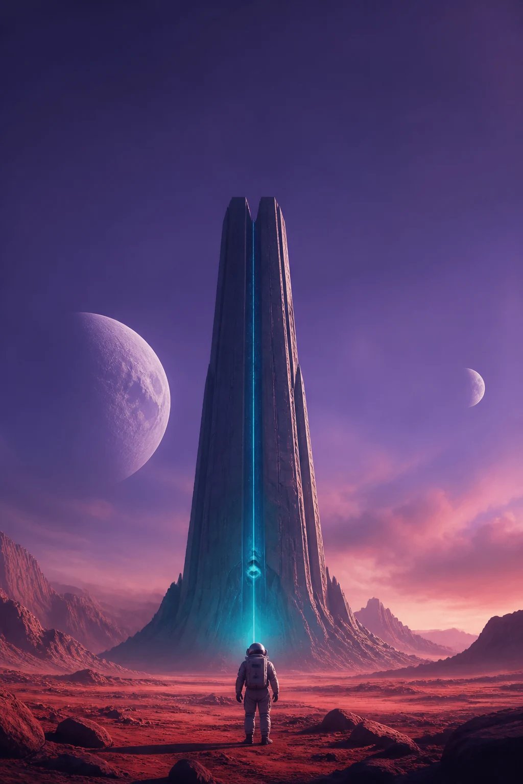 AI-generated science-fiction book cover of an astronaut before an alien monolith on a red desert planet